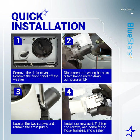 Step-by-step guide for installing Plug And Play Drain Pump 4681EA2001T for LG Washers Like WM3170CW WM3270CW, with images.