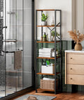 Dope Industrial Style 6 Tier Tall Bookshelf For Tight Spaces, Narrow Display Shelf Unit In Metal And Wood, Rustic Brown Finish