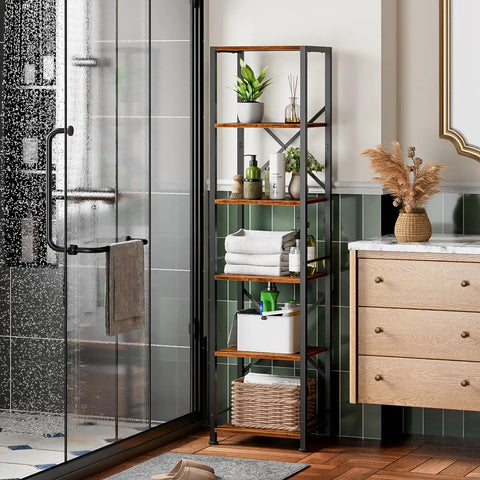Dope Industrial Style 6 Tier Tall Bookshelf For Tight Spaces, Narrow Display Shelf Unit In Metal And Wood, Rustic Brown Finish