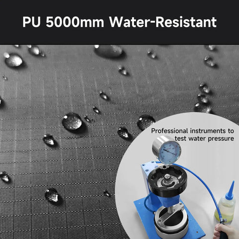 Detailed view of PU 5000mm water-resistant fabric with water droplets and pressure testing for Heavy Duty Outdoor Bike Storage Tent Shed Waterproof Shelter 6.56x4.92x5.58ft Portable Bicycle Shelter With Carry Bag For Motorcycle And Garden Tools Upgraded Durable Weatherproof Cover Medium.