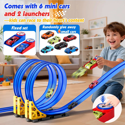 Child playing with 16 Foot Flexible Race Track Set For Kids With Roll Up DIY Lanes, Dual Track, 2 Launchers, 6 Mini Cars