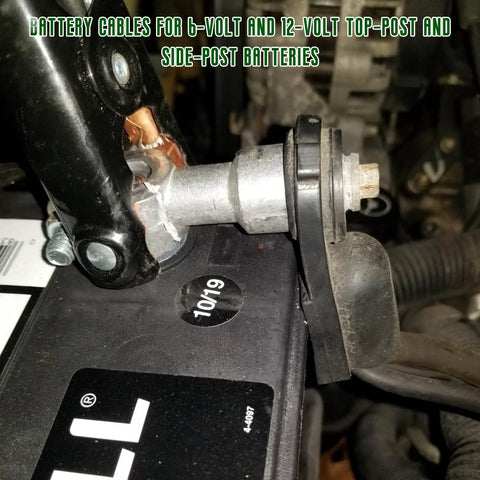 Heavy Duty Car Battery Terminal Connectors Swap Top Post To Side Post In Minutes With Positive And Negative Lead Cables Built Tough For Cars Trucks RVs And Boats No Hassle Plug And Play Ready close-up view of battery terminal connection.