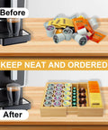 Expandable Bamboo K Cup Holder For Drawer Or Countertop Coffee Pod Storage Organizer neatly organizing pods and tea bags