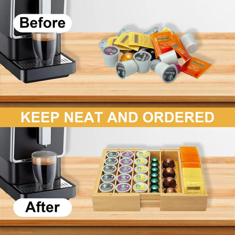 Expandable Bamboo K Cup Holder For Drawer Or Countertop Coffee Pod Storage Organizer neatly organizing pods and tea bags