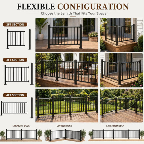 Flexible configurations of Hella Tough Deck Railing Kit With Reinforced Posts For Patios And Stairs in various lengths.