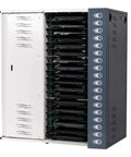 Straight Up Slim Charging Dock For 18 Devices, Solid Laptop And Tablet Storage Rack, showing slim cabinet with 18 laptops stored neatly.