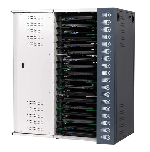 Straight Up Slim Charging Dock For 18 Devices, Solid Laptop And Tablet Storage Rack, showing slim cabinet with 18 laptops stored neatly.