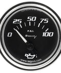 Oil pressure gauge (front view), Equus 7234, 2-inch, chrome bezel, black dial