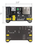 Dual 3.3V And 5V Power Supply Module For MB102 Breadboard Kit With USB To 5.5x2.1mm Cord Plug And Play Two Way Independent Control Onboard 3.3V And 5V Output Pins 6.5 To 12V Input 700mA Max With Power Indicator top and bottom view