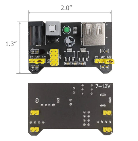 Dual 3.3V And 5V Power Supply Module For MB102 Breadboard Kit With USB To 5.5x2.1mm Cord Plug And Play Two Way Independent Control Onboard 3.3V And 5V Output Pins 6.5 To 12V Input 700mA Max With Power Indicator top and bottom view