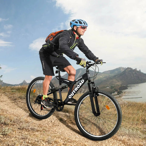 Man riding 7 Speed Mountain Bike 26 Inch Dual Suspension MTB For Men Women Adults, Heavy Duty High Carbon Steel Frame in mountains.