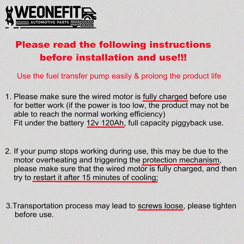 Instructions for use and installation of Heavy Duty 20 GPM 12 Volt Fuel Transfer Pump With 50 Amp Auto Fuse, ensuring proper operation.