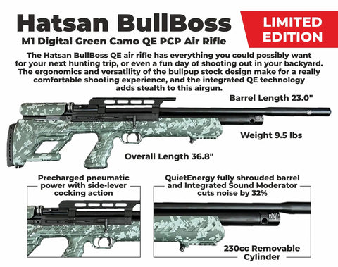 BullBoss.25 Cal PCP Air Rifle Limited Edition with Side Lever, 1000 FPS and 49 FPE, camo design with Quiet Energy Silencer.