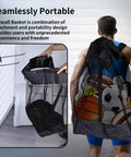 Man carrying a Take Anywhere Slatwall Basket Organizer with Grab And Go Design And Detachable Hooks Large Mesh Storage Bin filled with sports balls, showing both on-the-wall and shoulder strap use.