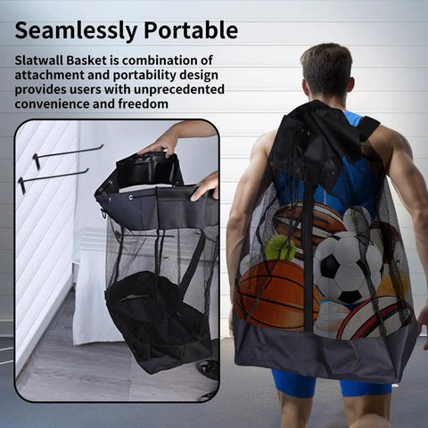 Man carrying a Take Anywhere Slatwall Basket Organizer with Grab And Go Design And Detachable Hooks Large Mesh Storage Bin filled with sports balls, showing both on-the-wall and shoulder strap use.