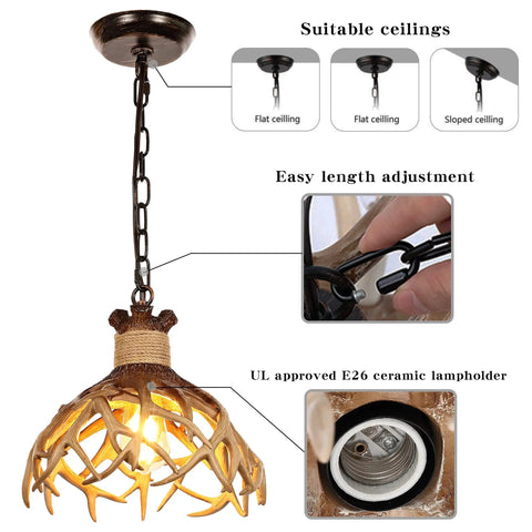 Rustic Deer Antler Pendant Ceiling Light With Aged Iron Accents, One E26 Base, LED Compatible, Brown Finish For Kitchen Island, Cabin Bath, And Hallways, Includes 5.9 Ft Adjustable Chain, Vintage Farmhouse Vibe