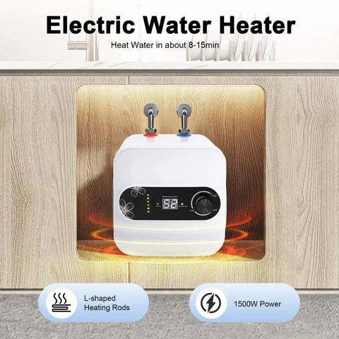 Say Goodbye To Cold Showers Quick Heat Mini Tank 2.1 Gallon 110V Setup showing compact electric water heater under kitchen counter.
