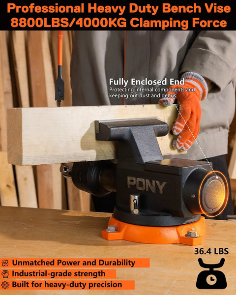 Beefy Heavy Duty Bench Vise With Six Inch Jaw 8800 Lbs Clamping Force 360 Degree Rotatable Base And Anvil Built For Woodworking Drilling Pipe Cutting And Metalworking In Home Shop Or Pro Workshop, showing vise holding wood on workbench