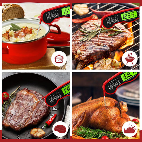 Instant Read Digital Meat Thermometer With Backlight Waterproof Ultra Fast One To Two Second Temperature Readings in use for cooking.