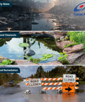 Image shows dirty water, pond cleanouts, and flood remediation with road closed signs, related to Tsurumi Pump.