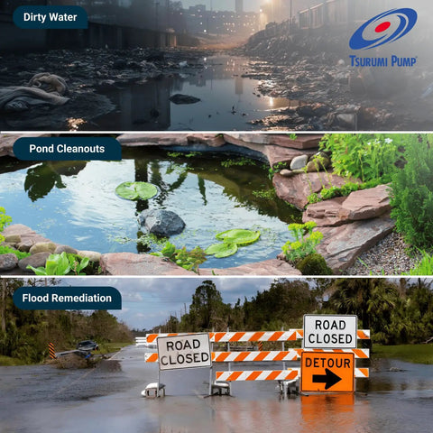 Image shows dirty water, pond cleanouts, and flood remediation with road closed signs, related to Tsurumi Pump.