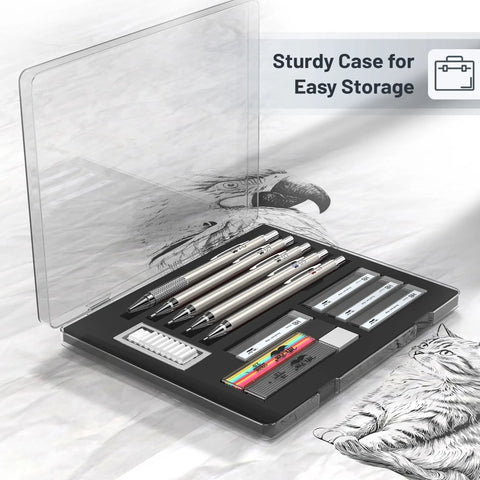 All Metal Mechanical Pencil Set Built For Drafting And Sketching With Five Lead Sizes 0.3 0.5 0.7 0.9 And 2.0 mm in case