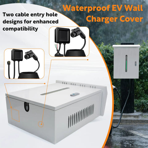 Slick Outdoor Electric Vehicle Charger Cover With Viewing Window For Tesla And Universal Wall Box Weatherproof Secure Locking Design No Sweat Install For Home Use showcasing cable entry holes.