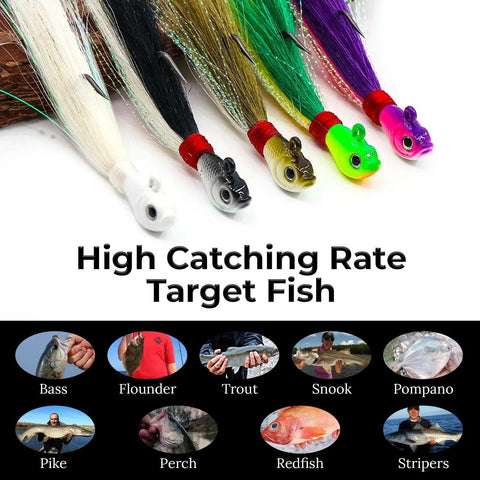 Premium Bucktail Jigs With Hair Lures, Five Pack 0.25 Ounce To 2.0 Ounce Jig Heads, assorted colors, for fishing targeting various fish.