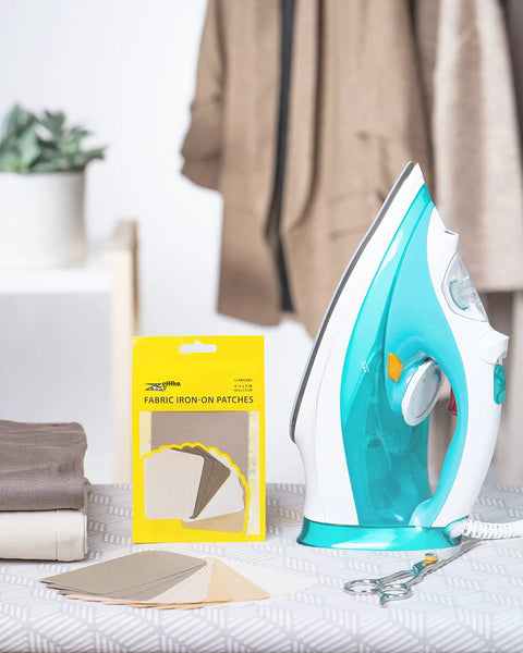 Premium Quality Fabric Iron On Patches Kit With Ultra Strong Glue, 12 Patches In Shades Of Brown Beige And Khaki, with iron