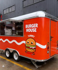 Commercial Mobile Food Cart And Towable Vending Trailer For Street Sales Features Ready To Roll Hot Dog And Ice Cream Stand Loaded With Barbecue Gear For A Solid Side Gig, orange "Burger House" design.