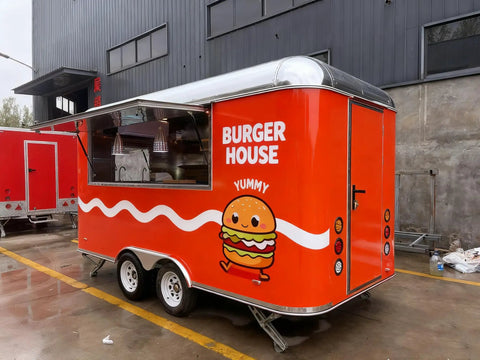 Commercial Mobile Food Cart And Towable Vending Trailer For Street Sales Features Ready To Roll Hot Dog And Ice Cream Stand Loaded With Barbecue Gear For A Solid Side Gig, orange "Burger House" design.
