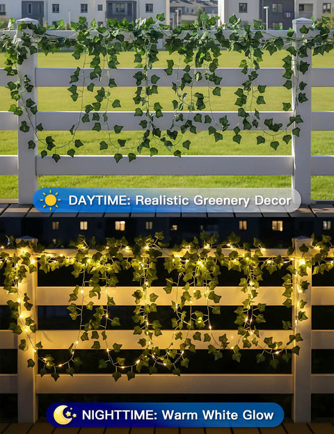 Solar Ivy String Lights Outdoor Waterproof 33Ft 100 LED Fake Vines With Lights on Fence, Day and Night View
