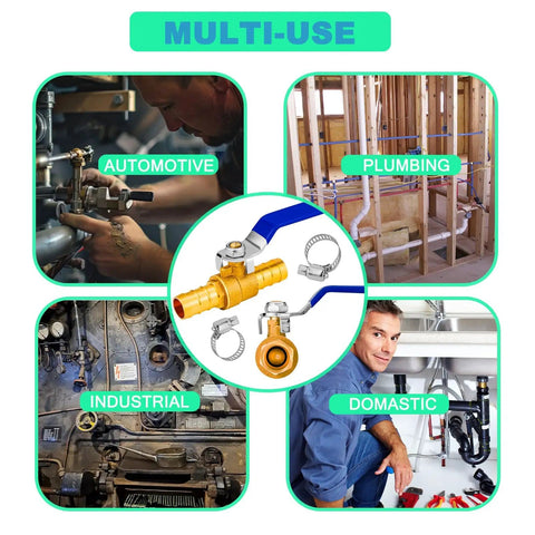 Multi-use applications of Beefy 2 Pack 3 Quarter Inch Heater Hose Shut Off Ball Valve with barbed fittings and clamps.