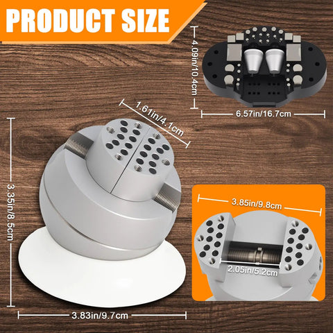 Ball Vise Engraving Block Set For Jewelry Making, 3 inch diameter, stainless steel, dimensions illustration, 360 degree rotation