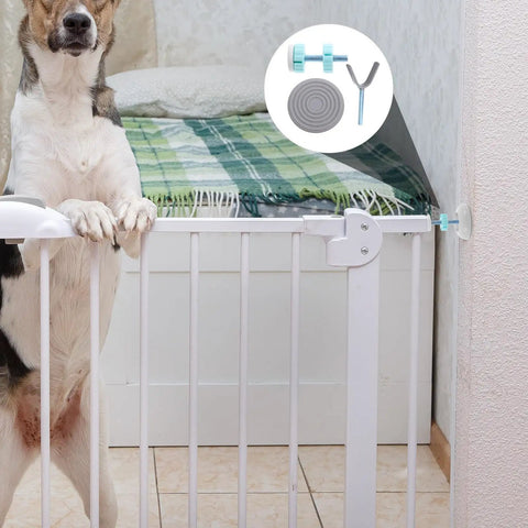 Gate Hardware Mount Kit With Threaded Screw Rods And Spindle Adapter For Staircase Safety Gates Easy Installation Sturdy ABS And Steel Construction Ideal For Baby Proofing And Pets In Doorways. white pet gate kit with threaded rod and spindle adapter installed in doorway