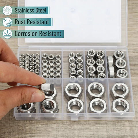 Must Have Pro Grade Stainless Steel Metric Hex Nuts Kit With 130 Pieces In 7 Sizes M3 M4 M5 M6 M8 M10 M12