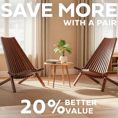 2 Pack Folding Acacia Wood Chair Set For Patio And Outdoors, low profile lounge seats next to a round table indoors