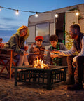 Group enjoying campfire with 32 Inch Fire Pit Table Metal Outdoor Fire Pit With Waterproof Cover For Patio And Camping Black 3 In 1 Design Ideal For Backyard Warmth And Chill Outdoor Hangouts