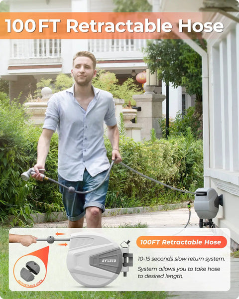 Man using Retractable Garden Hose Reel 100 Foot Half Inch With Wall Mount Easy Pull Auto Rewind Slow Return, garden setting