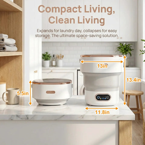 Kick Laundry Day To The Curb With This Portable Folding Mini Washer Offering Straight Up Fresh Results In A Sixteen Liter Drum built for underwear socks and travel friendly laundry on a kitchen countertop.