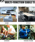 Collage showing uses of 500 Pack 16 Inch Nylon Cable Ties Self Locking Black Heavy Duty Zip Ties in home, office, garden, and engineering.