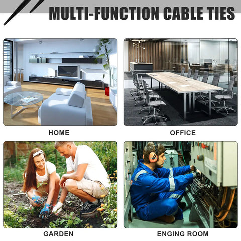 Collage showing uses of 500 Pack 16 Inch Nylon Cable Ties Self Locking Black Heavy Duty Zip Ties in home, office, garden, and engineering.