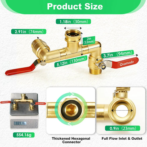 360 Degree Rotating Garden Hose Splitter With Independent Valves, 3/4 Inch GHT Brass High Flow Splitter, Heavy Duty Faucet Attachment For Outdoor Yard, Swivel Heads For Easy Hose Management. Product size chart with dimensions