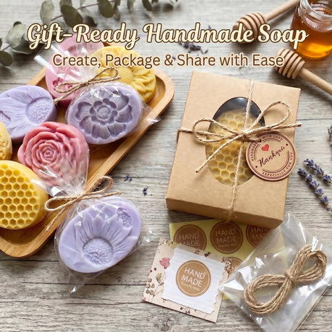 DIY Soap Making Kit With 3 Silicone Molds 50 Clear Bags 50 Tags 20 Gift Boxes 24 Stickers 65 Ft Jute Twine And Wrapping Supplies For Beginners Party Favors And Creative Handmade Soap Gifts displayed