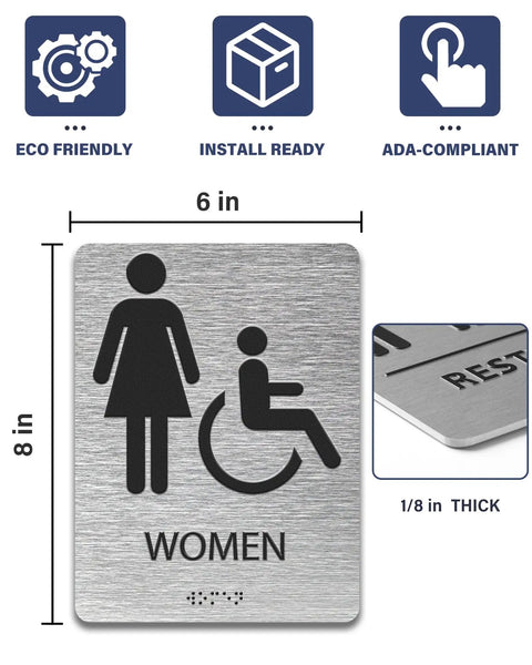 Modern Restroom Sign For Business That Keeps It ADA Compliant With Braille Grade 2 Raised Icons Easy Install Brushed Aluminum Door Sign 6 Inch Wide By 8 Inch High Contemporary Look For Any Space, showing women's restroom symbol.