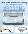 High Frequency Ultrasonic Jewelry Cleaner Machine 48KHz Killer Clean with eyeglasses and ring before and after cleaning