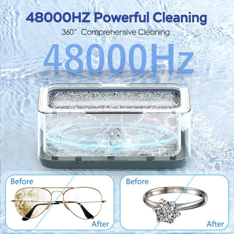 High Frequency Ultrasonic Jewelry Cleaner Machine 48KHz Killer Clean with eyeglasses and ring before and after cleaning