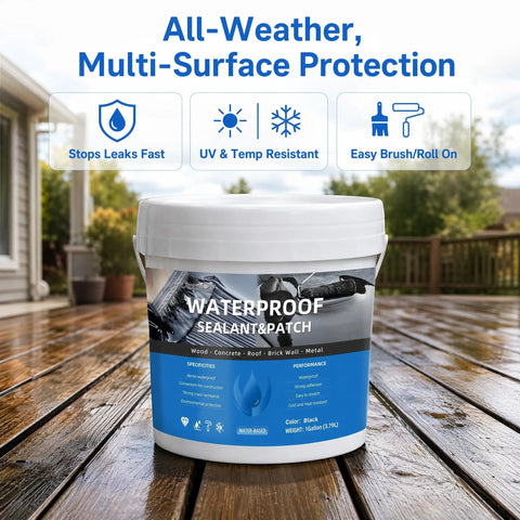 Big Time Roof Saver Black Waterproof Rubber Sealant For Flat And Metal Roofs With Flexible Crack Bridge in a white bucket on a wooden deck.