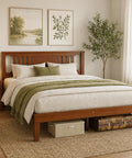 Rock Solid Queen Platform Bed Frame With Attached Brown Wood Headboard And Heavy Duty Pine Slats in cozy bedroom setting.