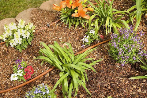 20 Pack USA Made Brown Drip Irrigation Barbed Fittings Kit For 1/2 Inch Tubing 17mm ID installed in garden bed with flowers